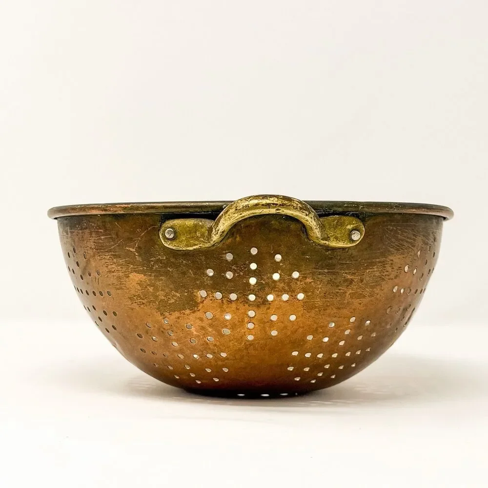 Vintage Copper Colander Brass Handles Farmhouse Kitchen Strainer Bowl Rustic